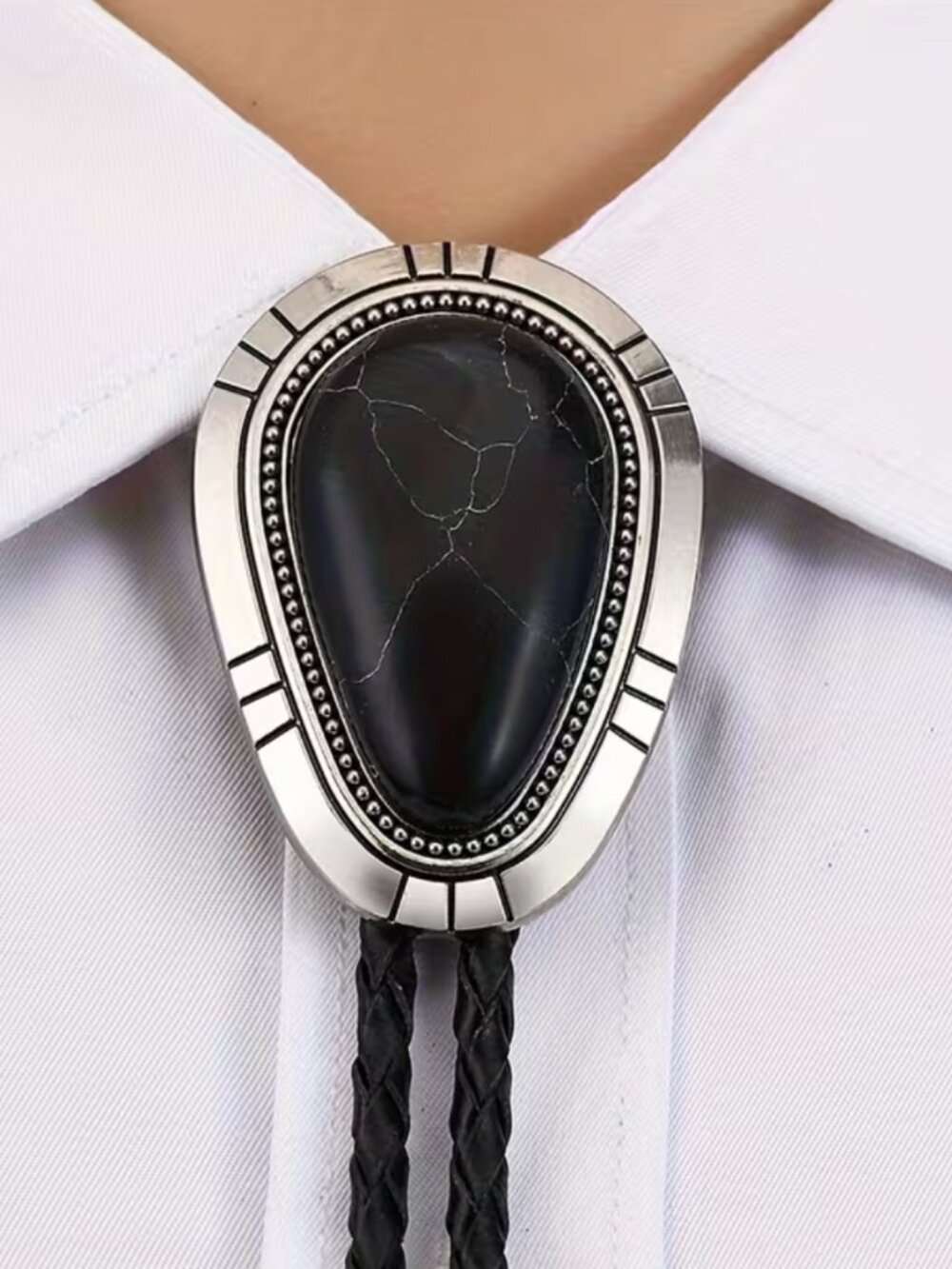 NWT Western Black Faux Stone Bolo Tie Vegan Leather Cord Cowboy Vintage Style